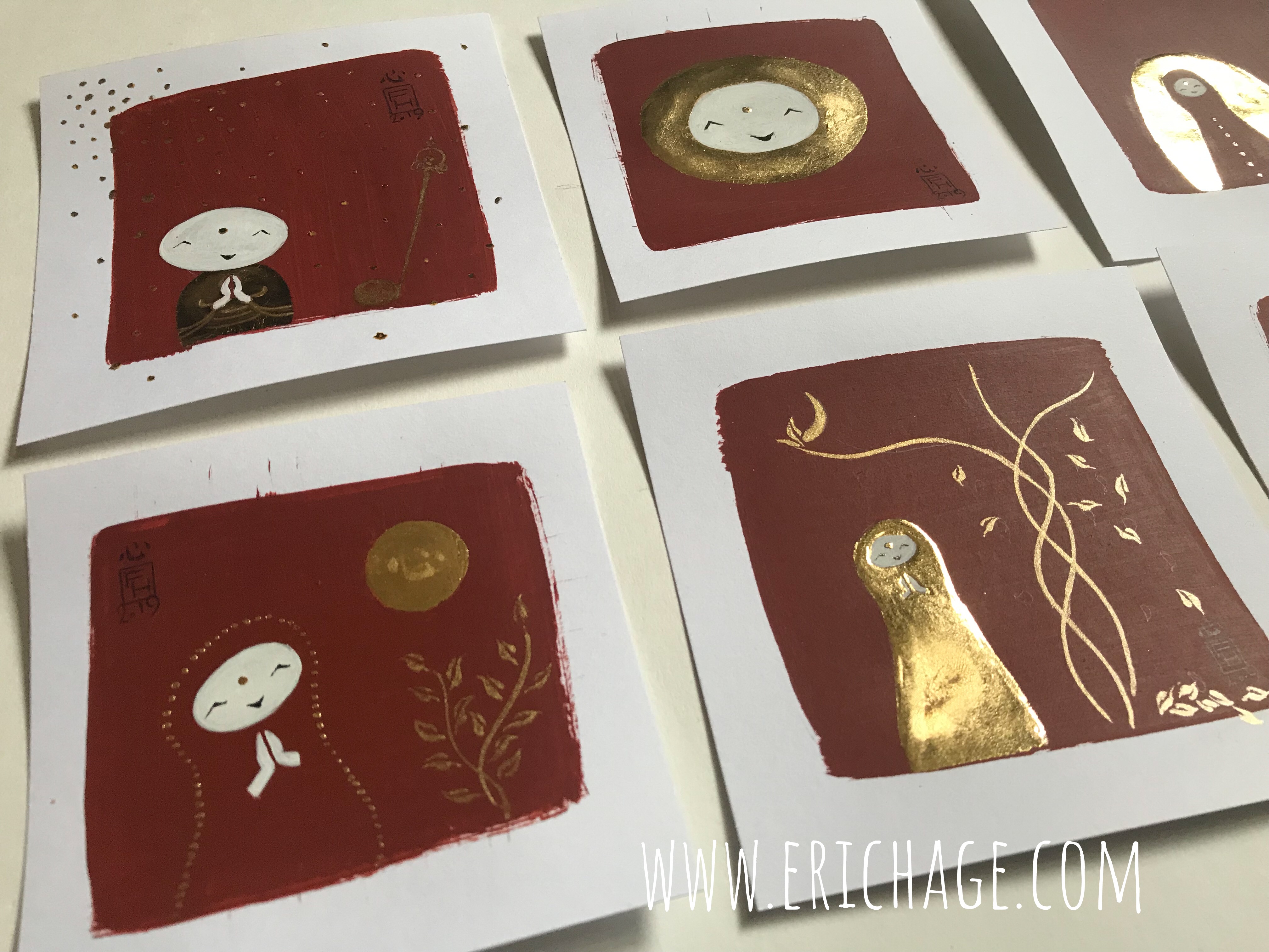 Jizo drawings Indian red and gold leaf