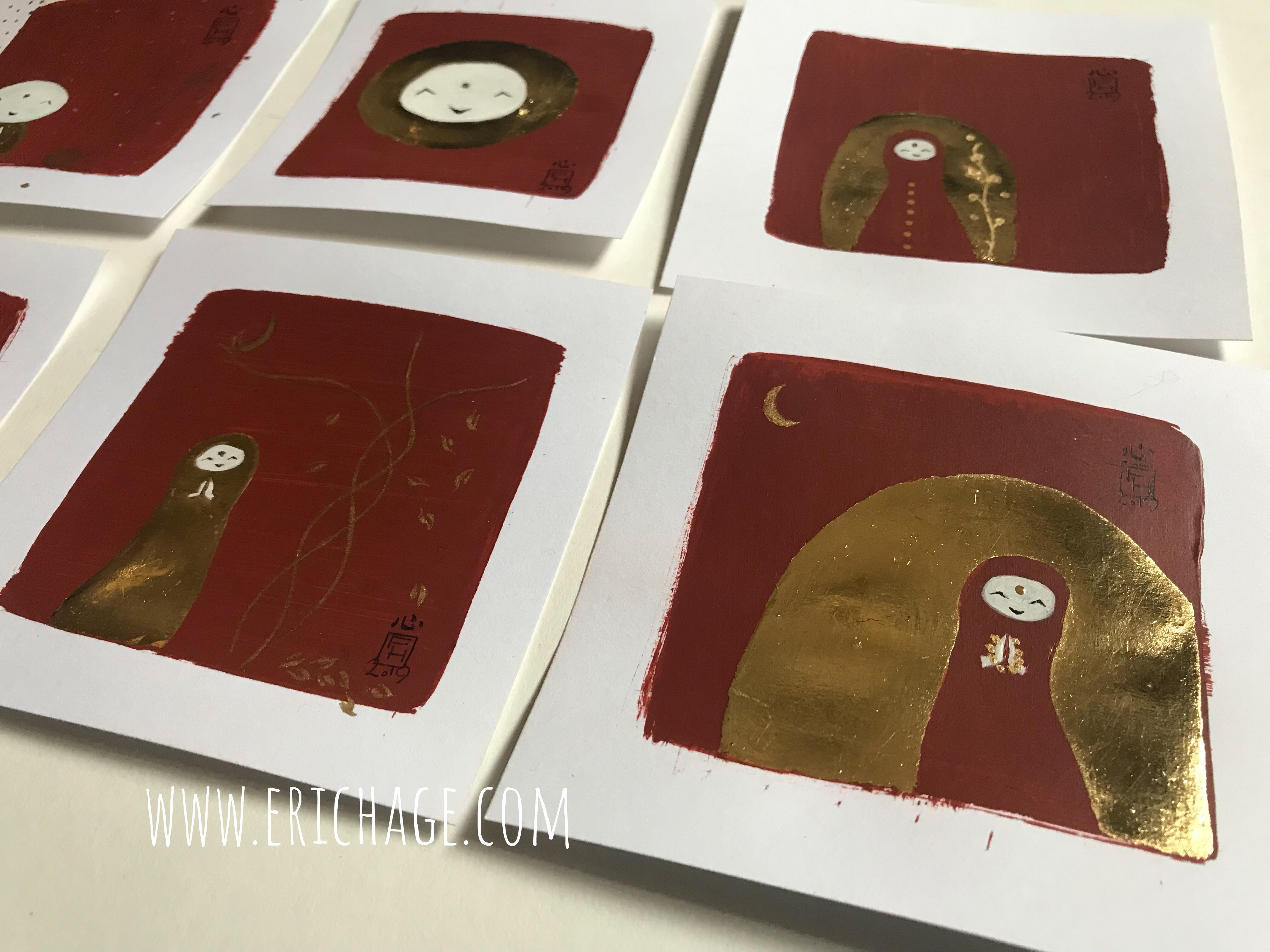 Jizo drawings Indian red and gold leaf