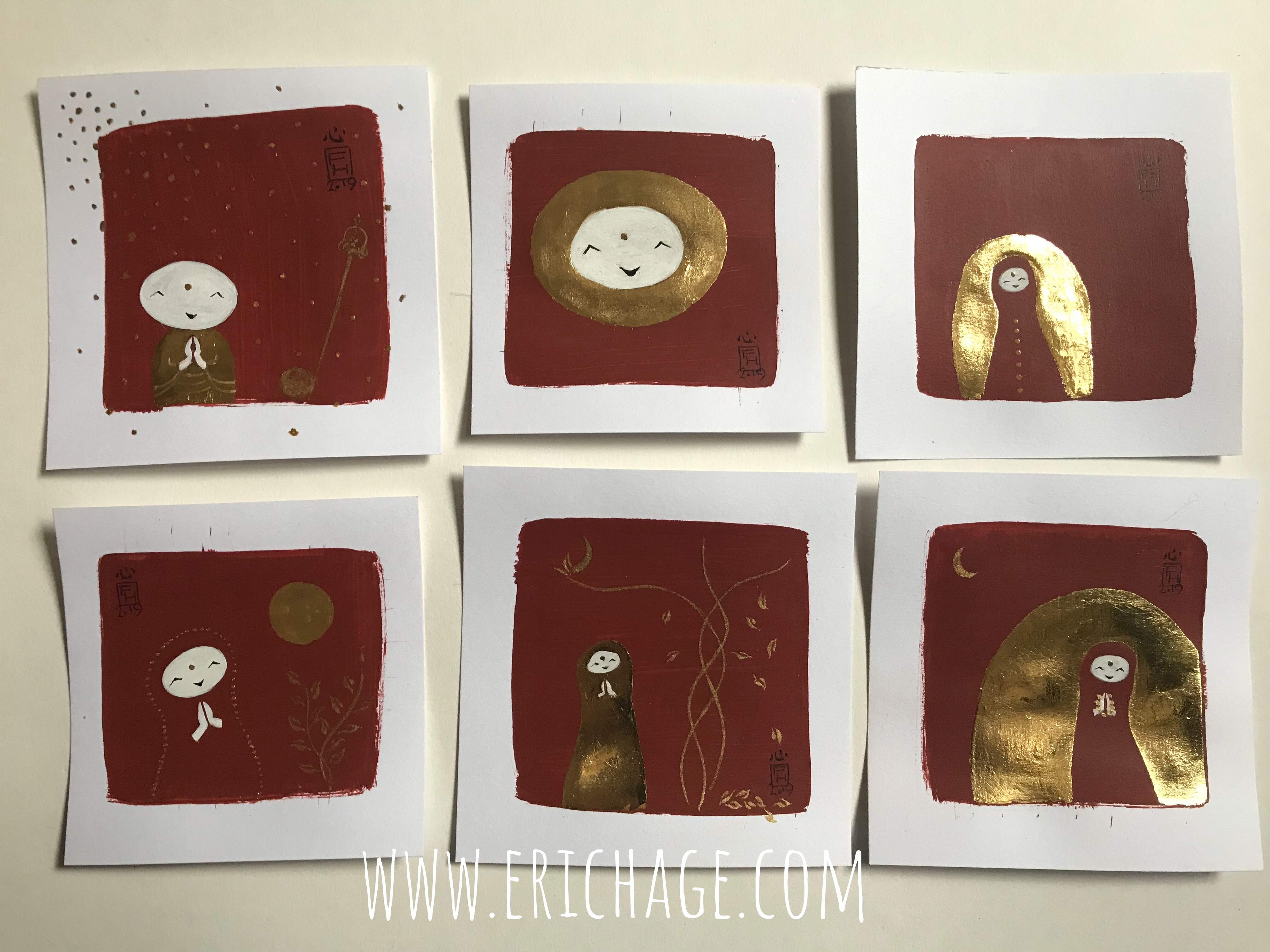 Jizo drawings Indian red and gold leaf